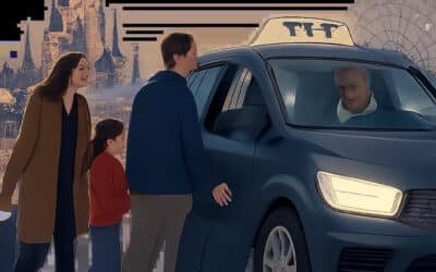 Illustration d’un transfert fiable et pré-réservé depuis Disneyland Paris. L’image met en avant une prise en charge rassurante pour les familles et voyageurs avec bagages.