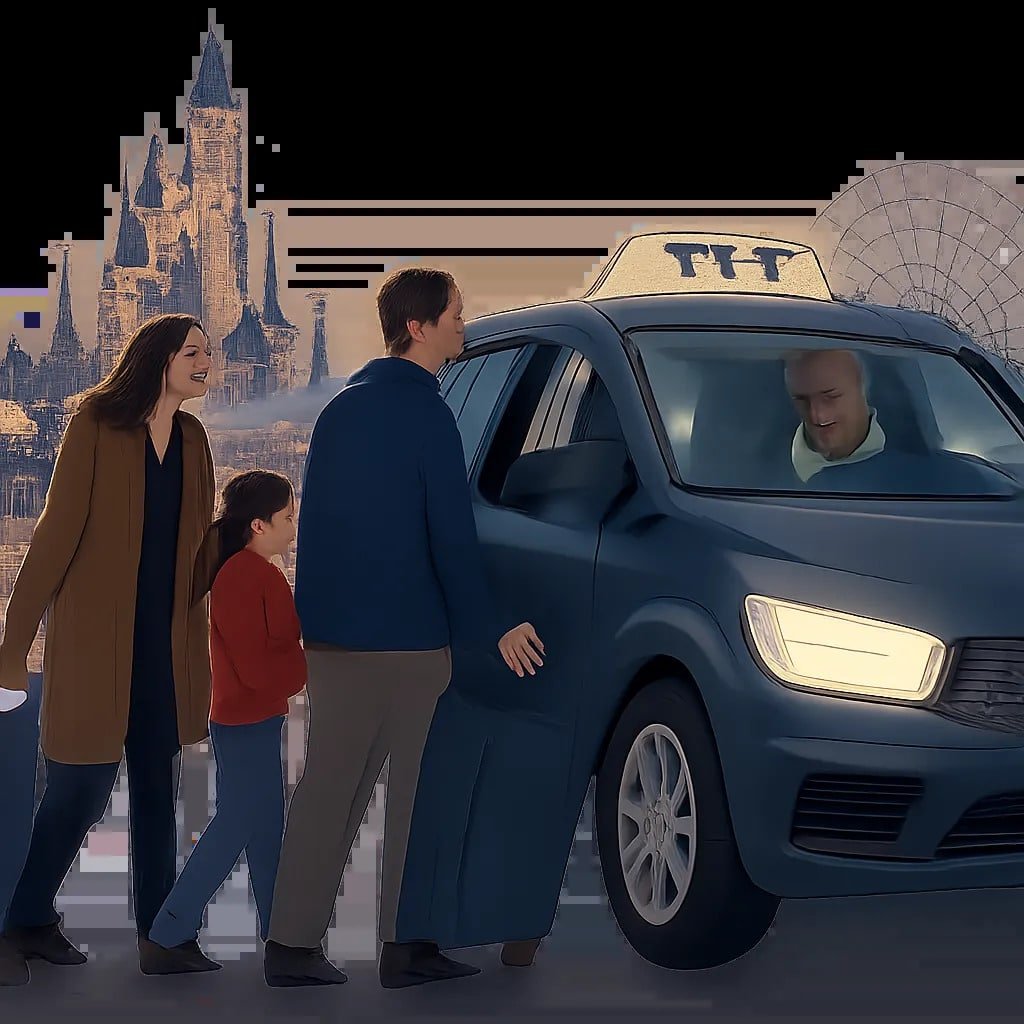 Illustration d’un transfert fiable et pré-réservé depuis Disneyland Paris. L’image met en avant une prise en charge rassurante pour les familles et voyageurs avec bagages.