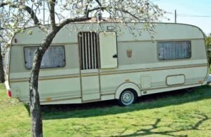 Caravane beige posée sur pelouse arbre à feuilles ciel bleu