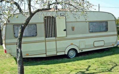 Caravane beige posée sur pelouse arbre à feuilles ciel bleu