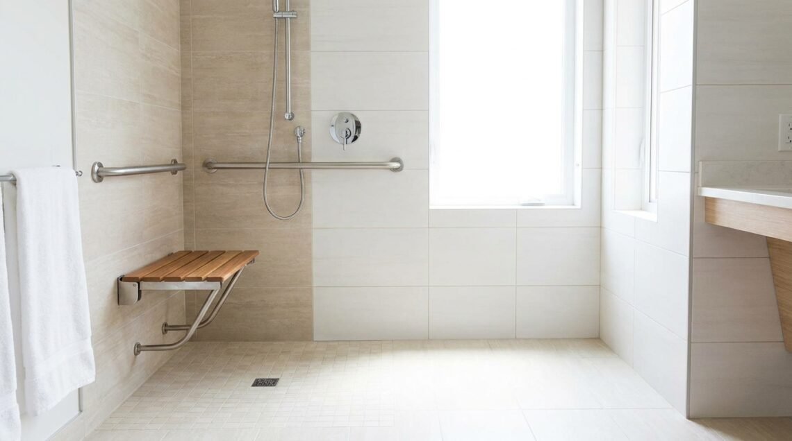 Salle de bain accessible senior, douche de plain-pied avec barre d'appui et siège, carrelage clair, lumineuse