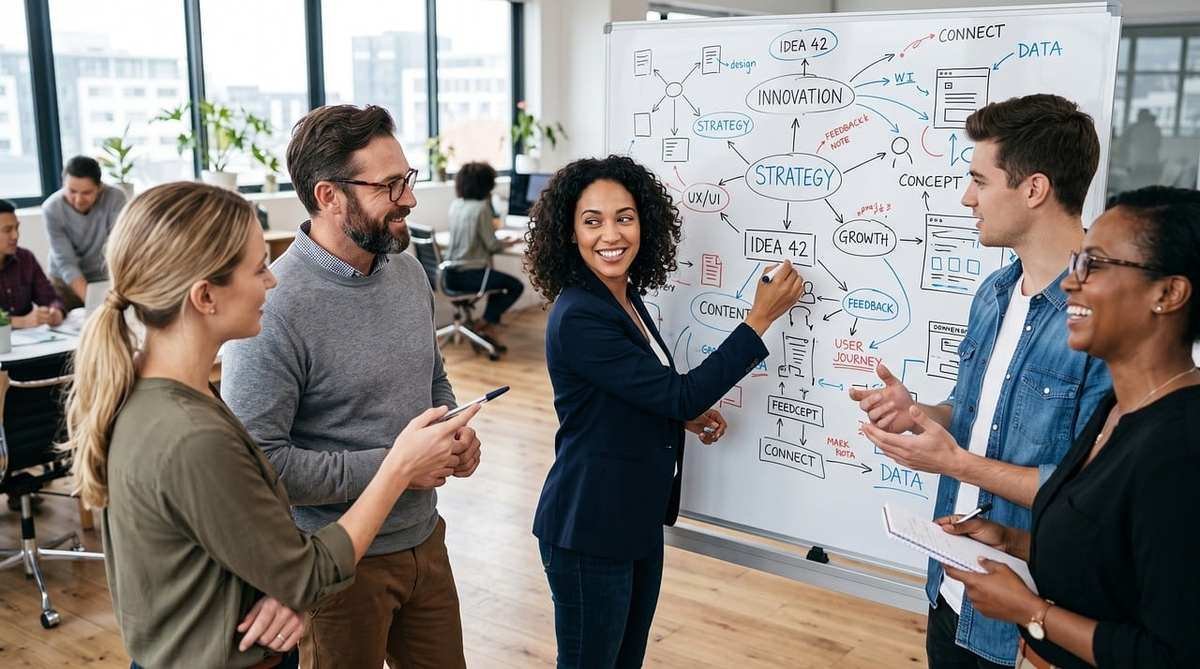 groupe professionnel discutant autour d'un tableau blanc d'idées