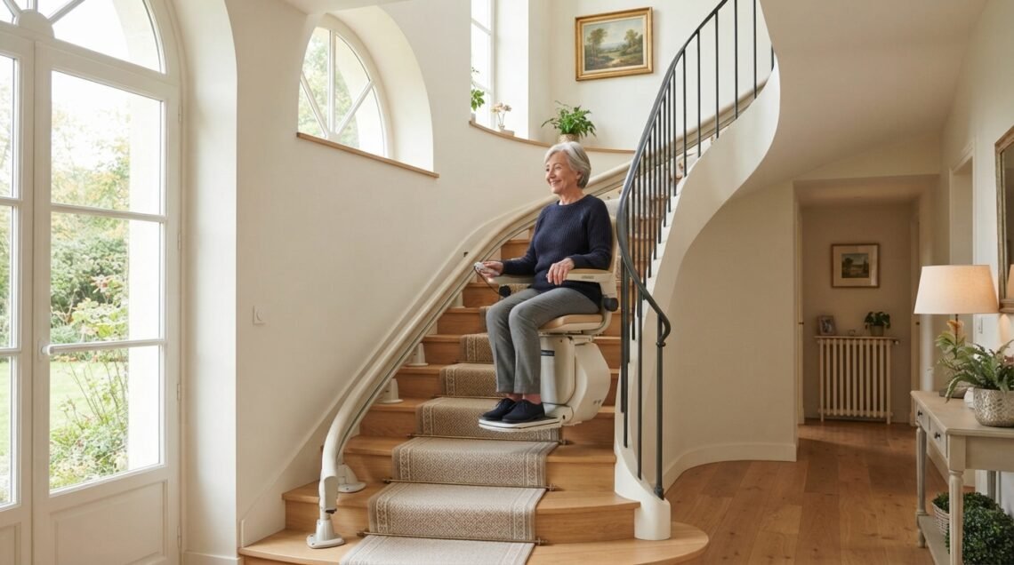 Monte-escalier moderne sur un escalier tournant, maison lumineuse