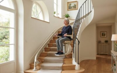 Monte-escalier moderne sur un escalier tournant, maison lumineuse