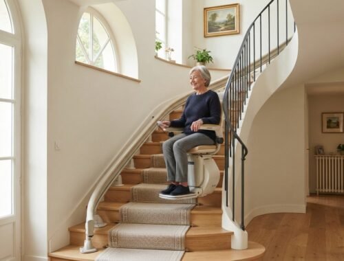 Monte-escalier moderne sur un escalier tournant, maison lumineuse