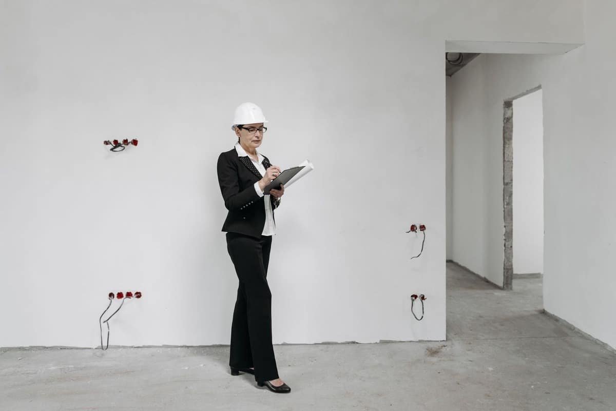Inspectrice en tenue de travail examine une pièce en construction avec prises électriques